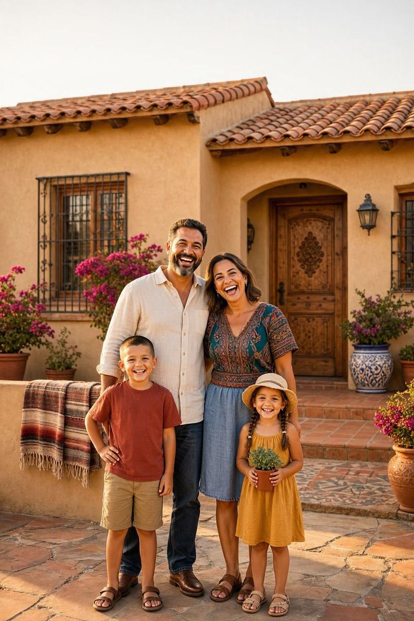 A_mexican_couple_with_two_children_before_a_new_Mexican_hous